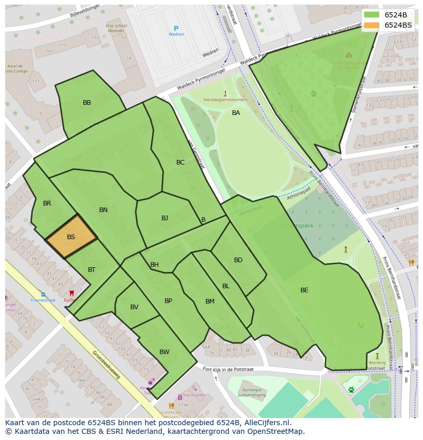 Afbeelding van het postcodegebied 6524 BS op de kaart.