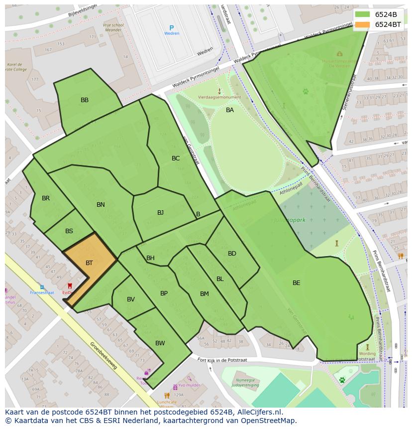 Afbeelding van het postcodegebied 6524 BT op de kaart.
