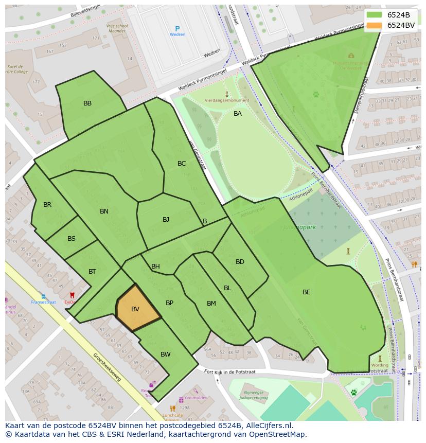 Afbeelding van het postcodegebied 6524 BV op de kaart.
