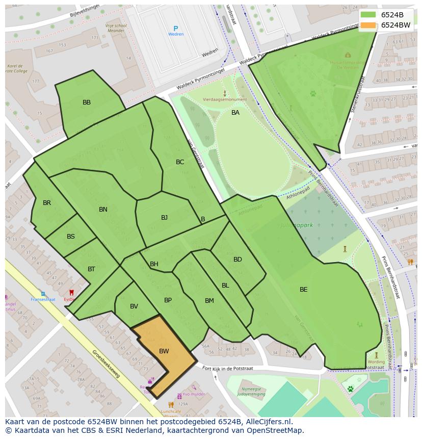 Afbeelding van het postcodegebied 6524 BW op de kaart.