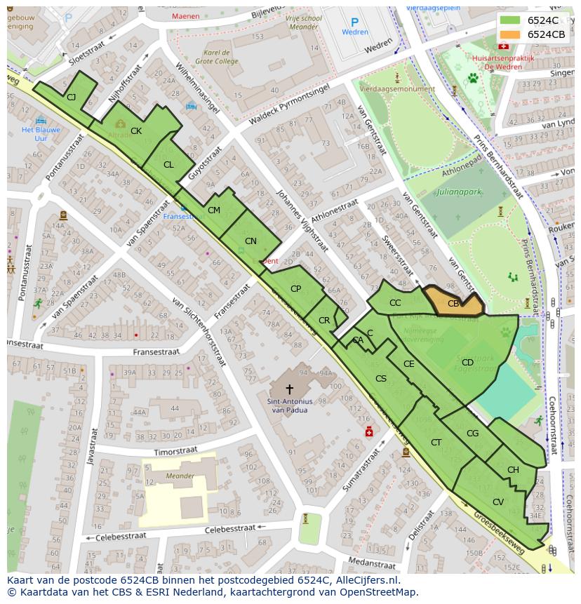 Afbeelding van het postcodegebied 6524 CB op de kaart.