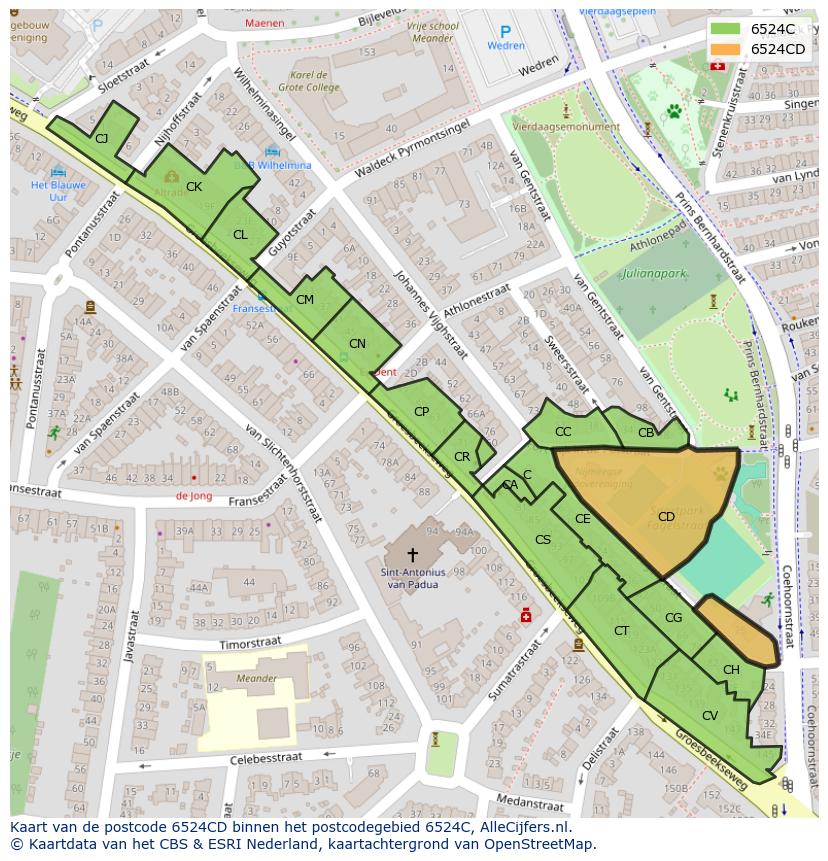Afbeelding van het postcodegebied 6524 CD op de kaart.