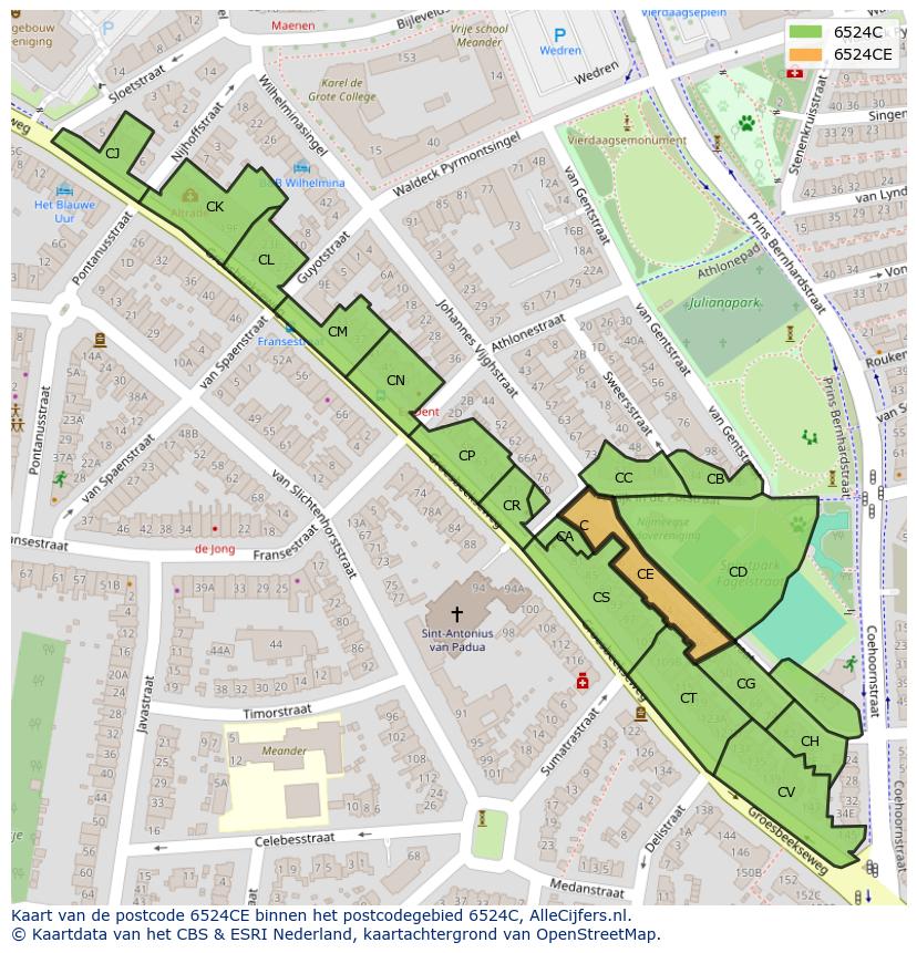 Afbeelding van het postcodegebied 6524 CE op de kaart.