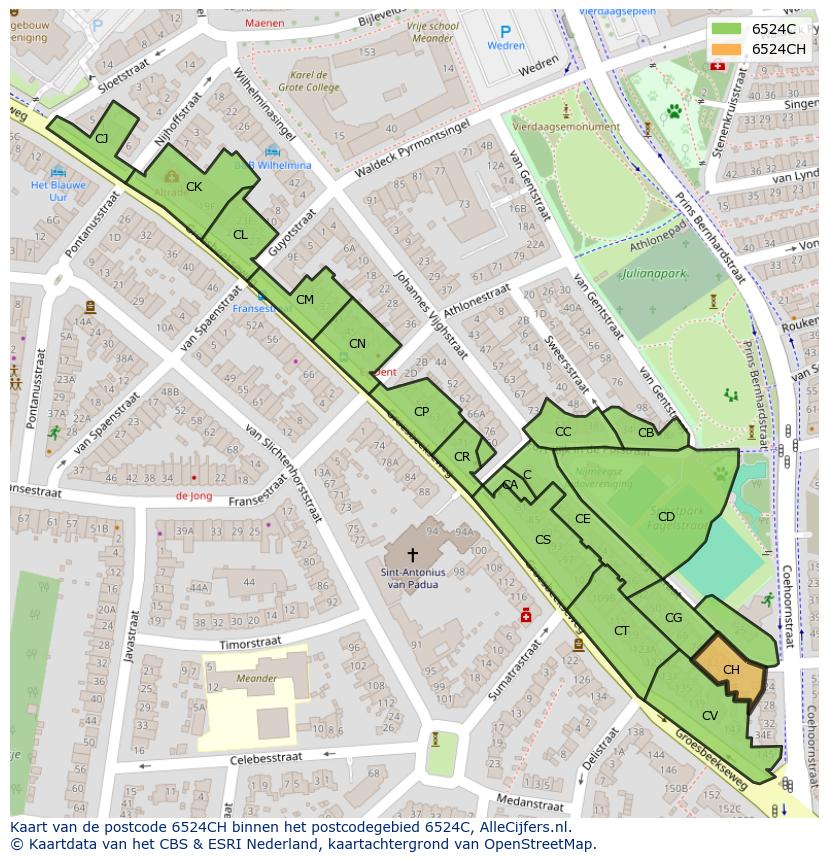 Afbeelding van het postcodegebied 6524 CH op de kaart.