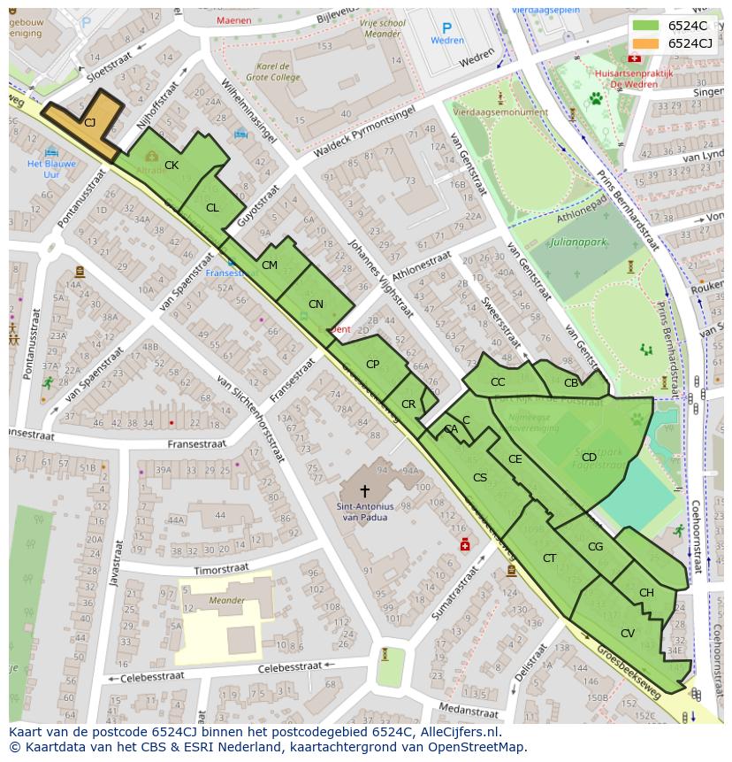 Afbeelding van het postcodegebied 6524 CJ op de kaart.