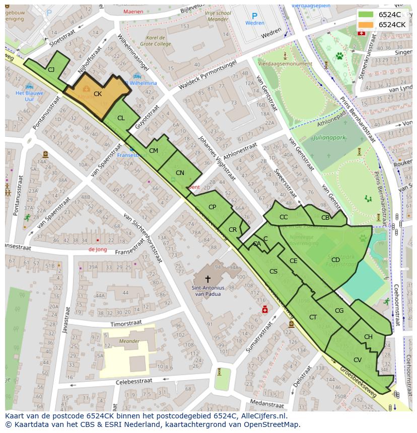 Afbeelding van het postcodegebied 6524 CK op de kaart.