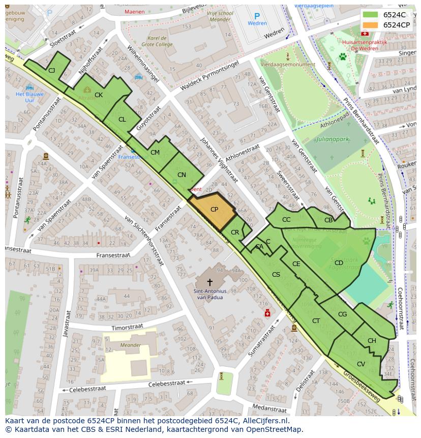 Afbeelding van het postcodegebied 6524 CP op de kaart.