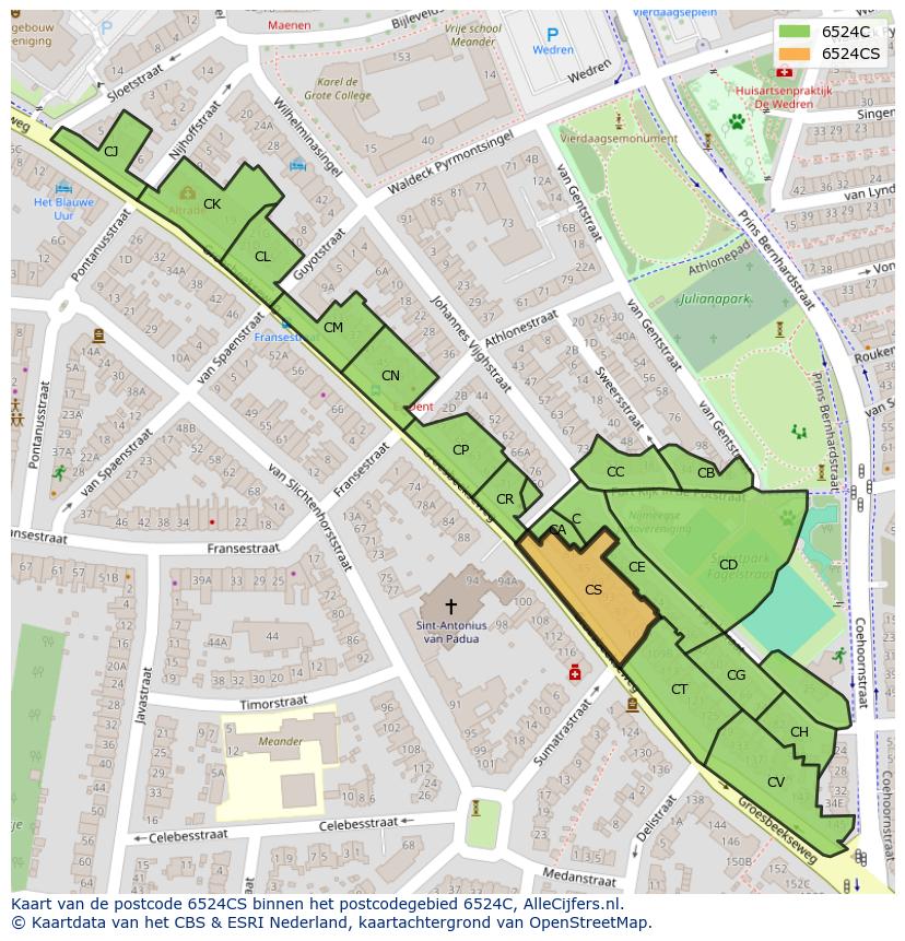 Afbeelding van het postcodegebied 6524 CS op de kaart.