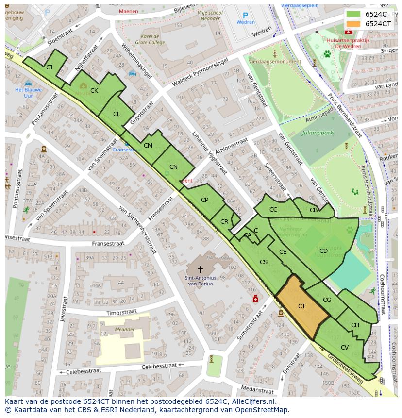 Afbeelding van het postcodegebied 6524 CT op de kaart.
