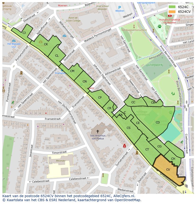 Afbeelding van het postcodegebied 6524 CV op de kaart.