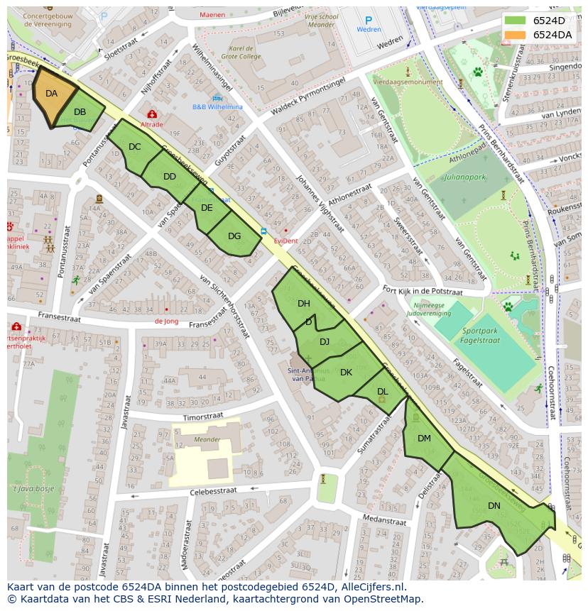 Afbeelding van het postcodegebied 6524 DA op de kaart.