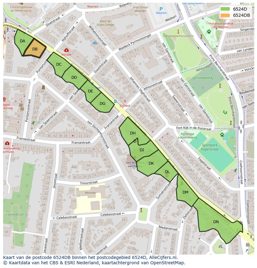 Afbeelding van het postcodegebied 6524 DB op de kaart.
