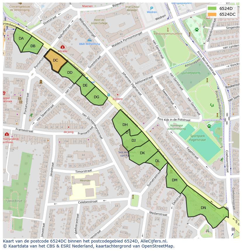 Afbeelding van het postcodegebied 6524 DC op de kaart.