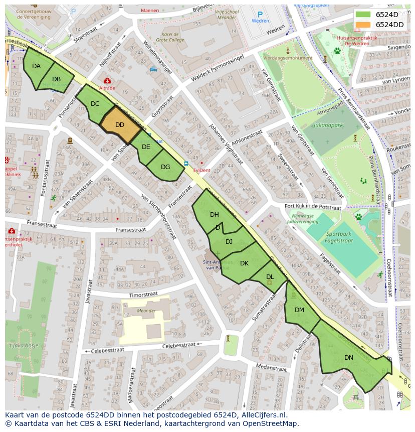 Afbeelding van het postcodegebied 6524 DD op de kaart.