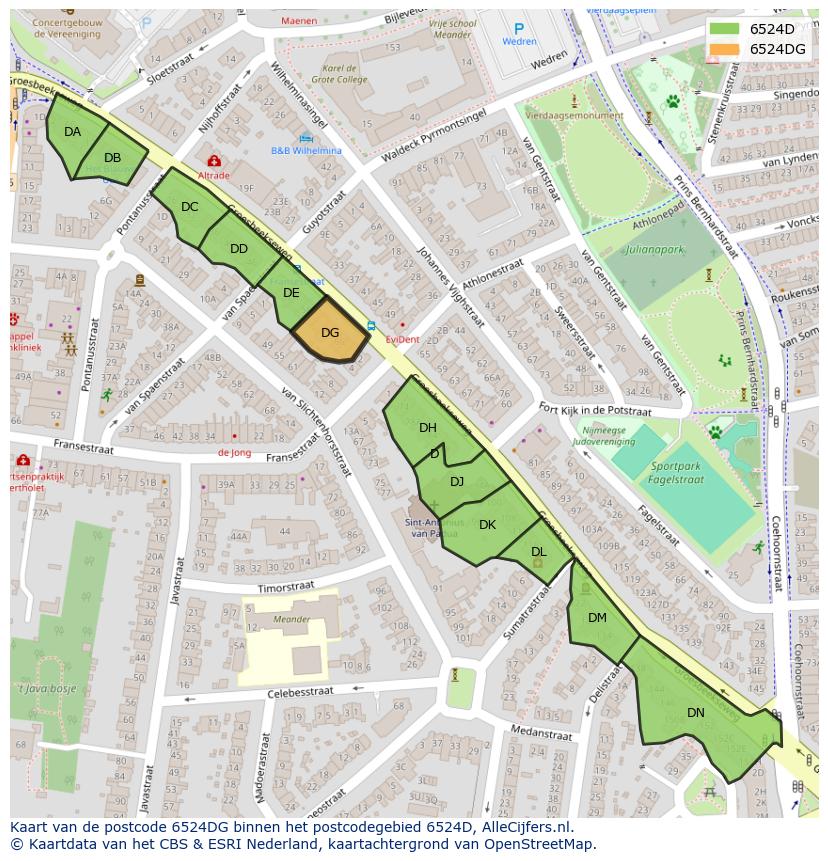 Afbeelding van het postcodegebied 6524 DG op de kaart.