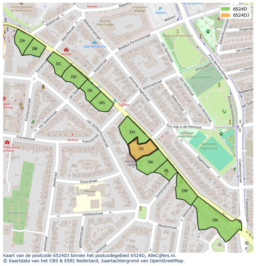 Afbeelding van het postcodegebied 6524 DJ op de kaart.