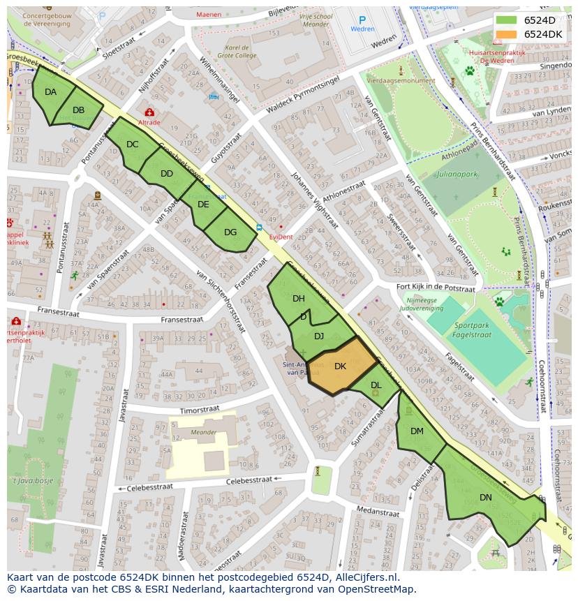 Afbeelding van het postcodegebied 6524 DK op de kaart.