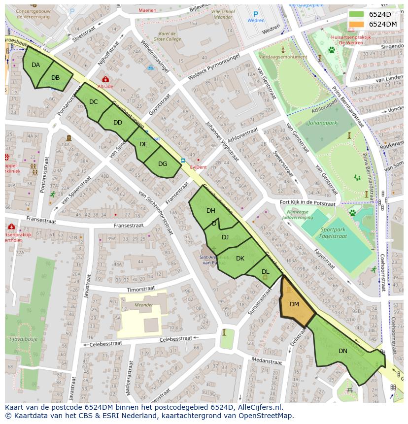 Afbeelding van het postcodegebied 6524 DM op de kaart.