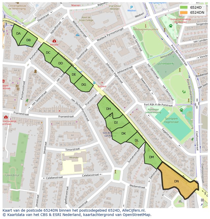 Afbeelding van het postcodegebied 6524 DN op de kaart.