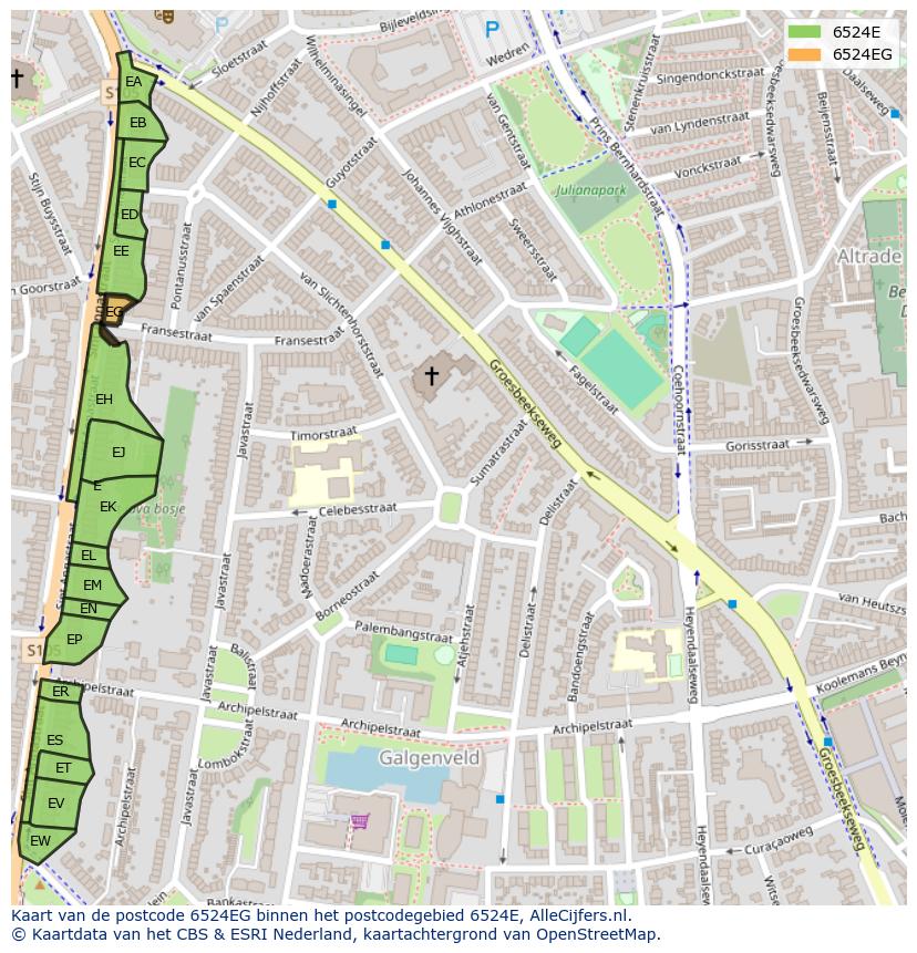 Afbeelding van het postcodegebied 6524 EG op de kaart.