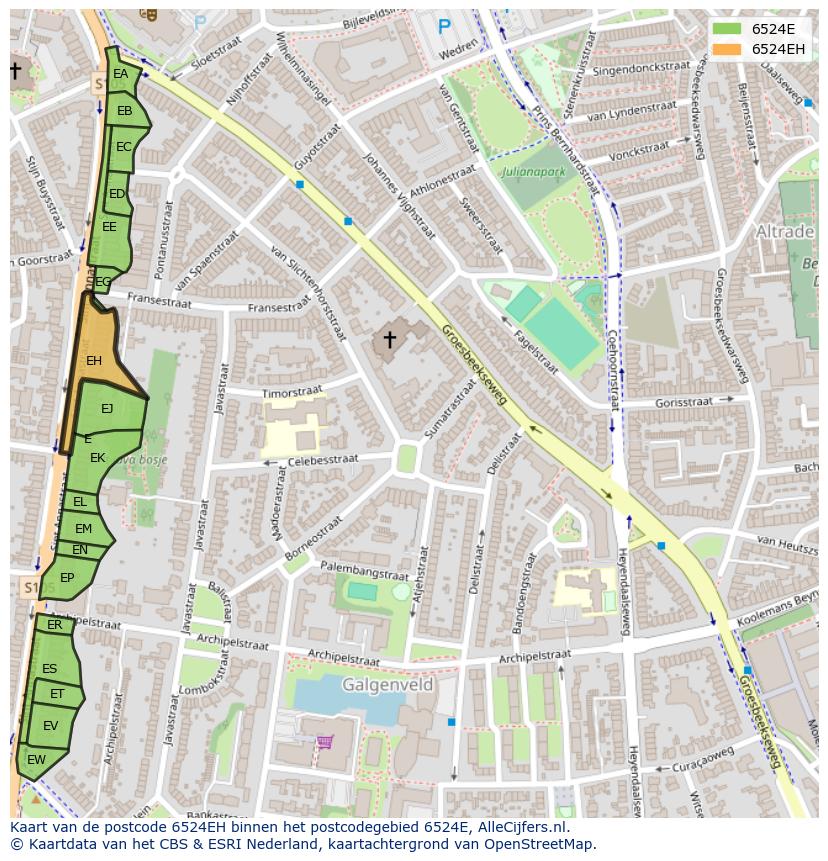 Afbeelding van het postcodegebied 6524 EH op de kaart.