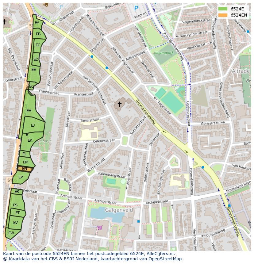 Afbeelding van het postcodegebied 6524 EN op de kaart.