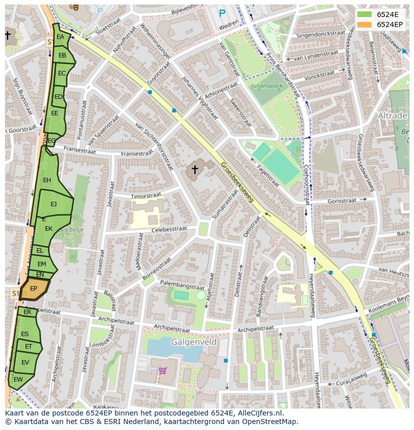 Afbeelding van het postcodegebied 6524 EP op de kaart.