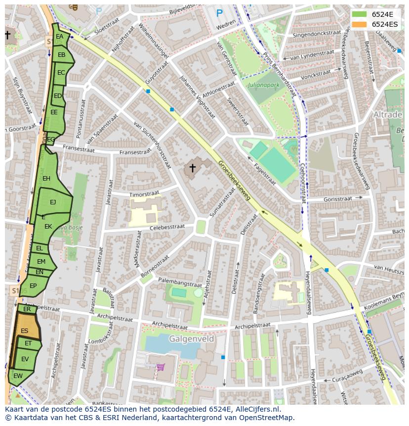 Afbeelding van het postcodegebied 6524 ES op de kaart.