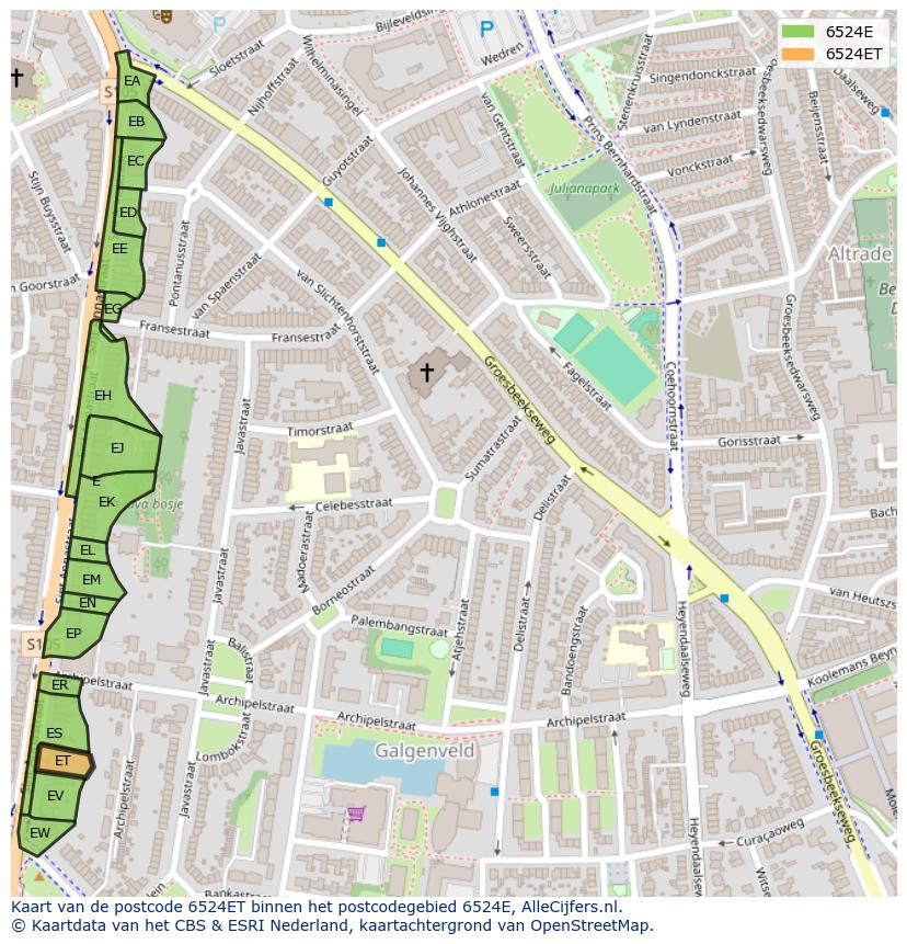 Afbeelding van het postcodegebied 6524 ET op de kaart.