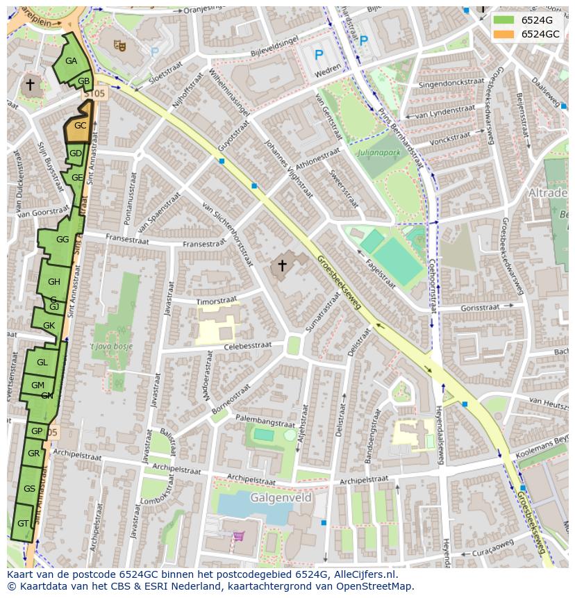Afbeelding van het postcodegebied 6524 GC op de kaart.