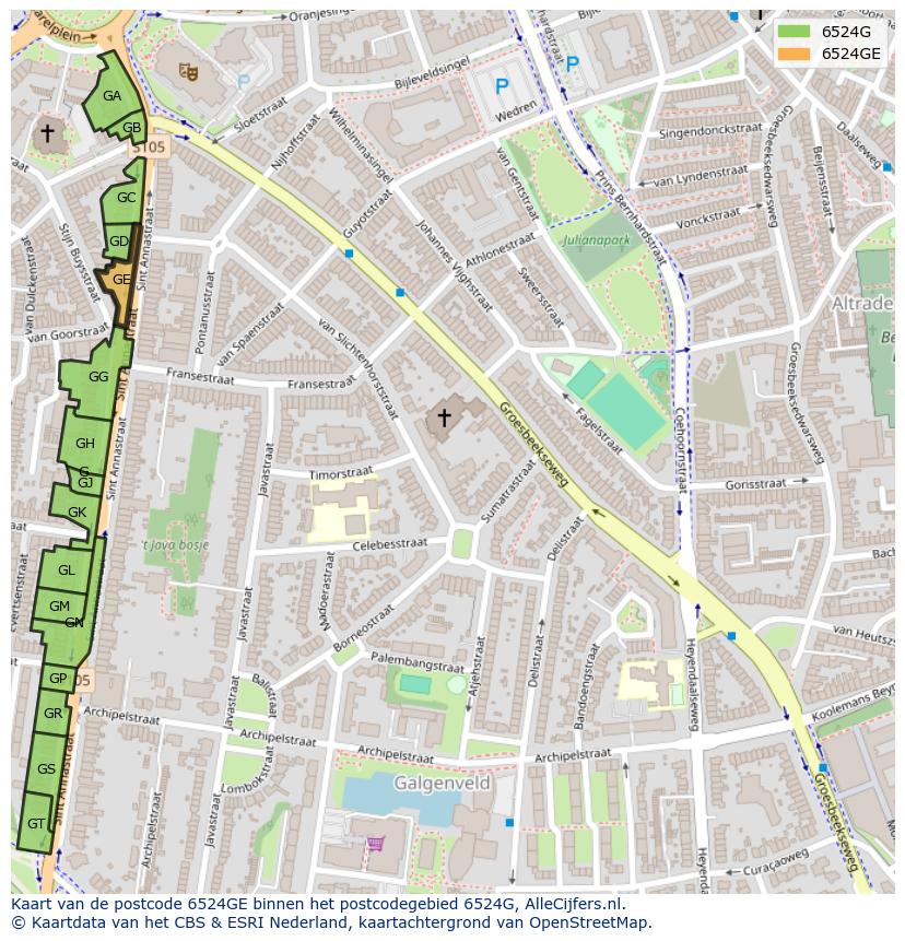 Afbeelding van het postcodegebied 6524 GE op de kaart.
