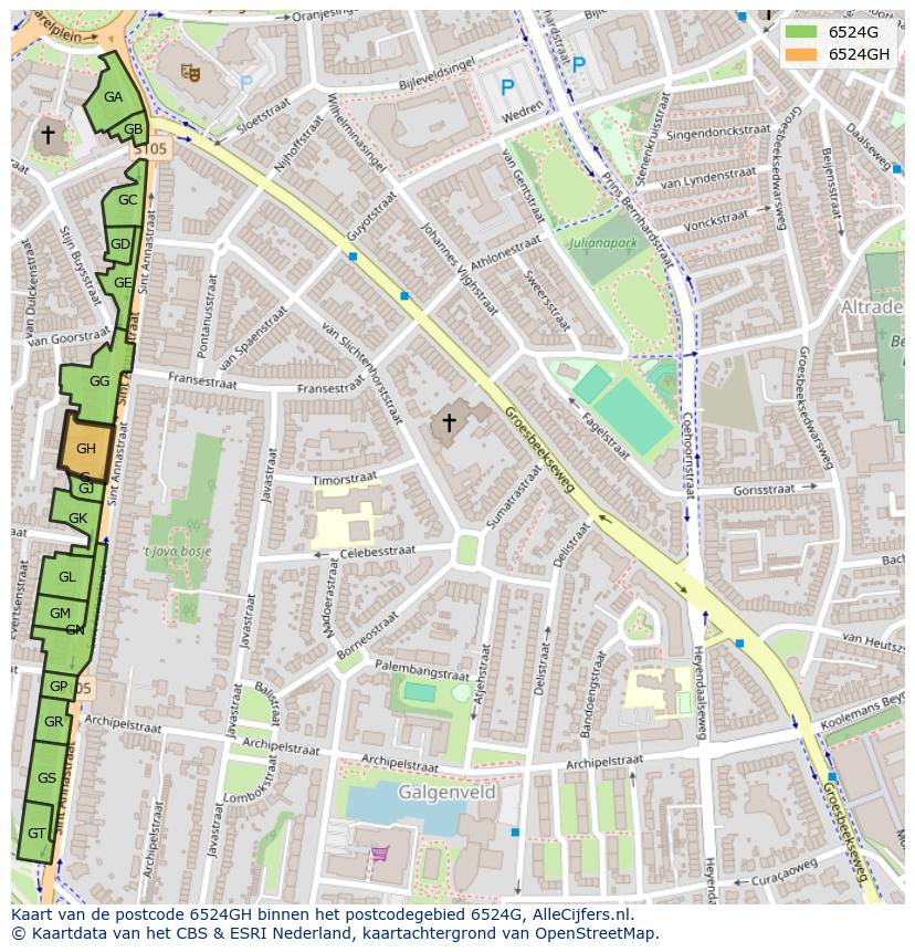 Afbeelding van het postcodegebied 6524 GH op de kaart.