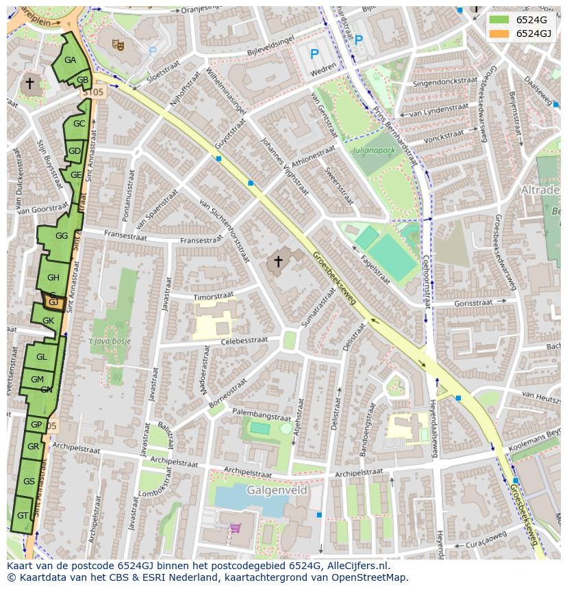 Afbeelding van het postcodegebied 6524 GJ op de kaart.