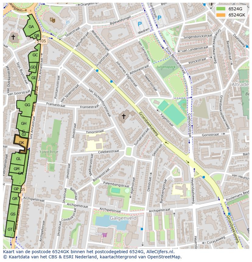 Afbeelding van het postcodegebied 6524 GK op de kaart.