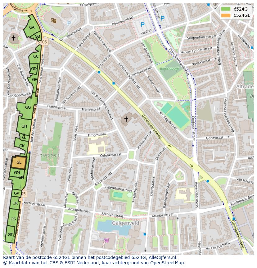 Afbeelding van het postcodegebied 6524 GL op de kaart.