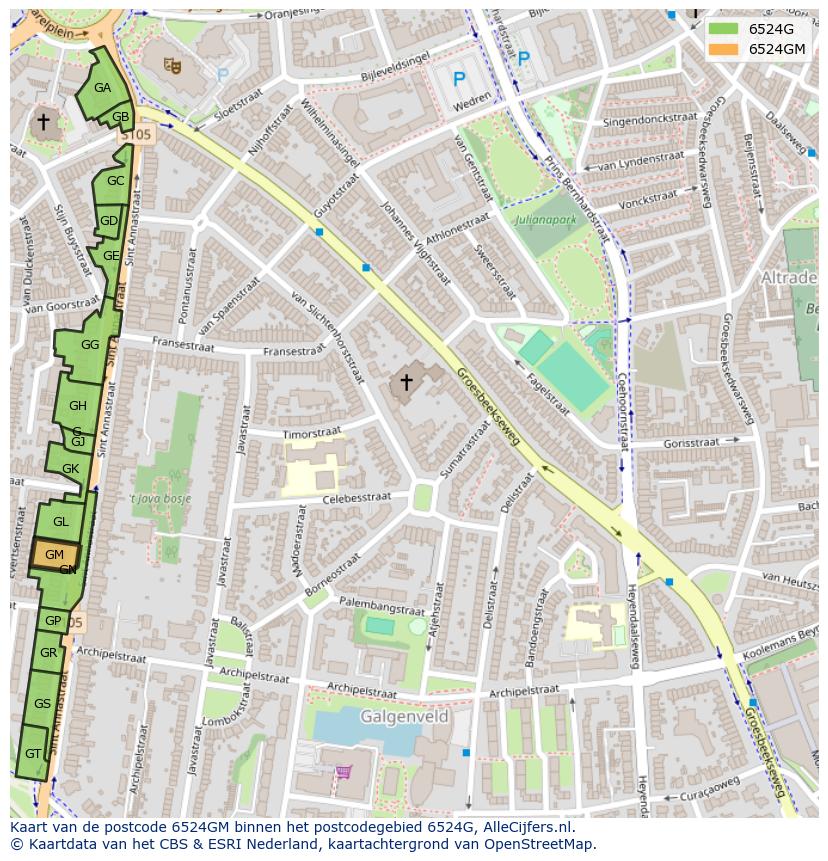 Afbeelding van het postcodegebied 6524 GM op de kaart.