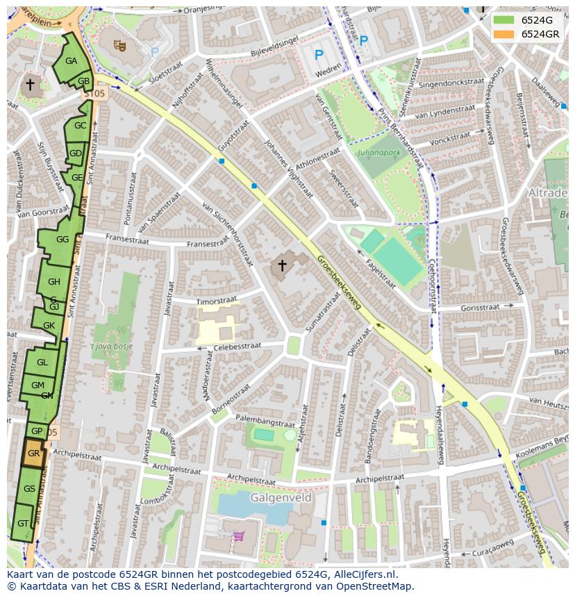 Afbeelding van het postcodegebied 6524 GR op de kaart.
