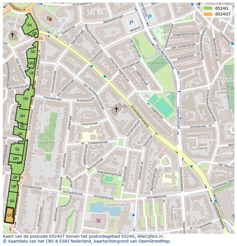 Afbeelding van het postcodegebied 6524 GT op de kaart.