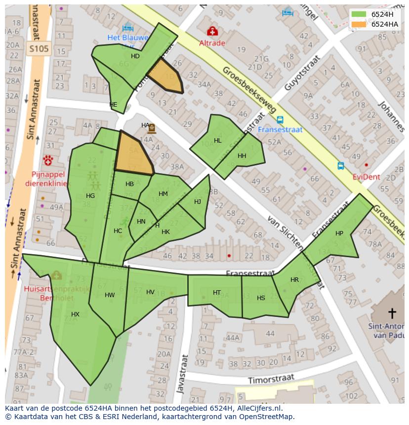 Afbeelding van het postcodegebied 6524 HA op de kaart.