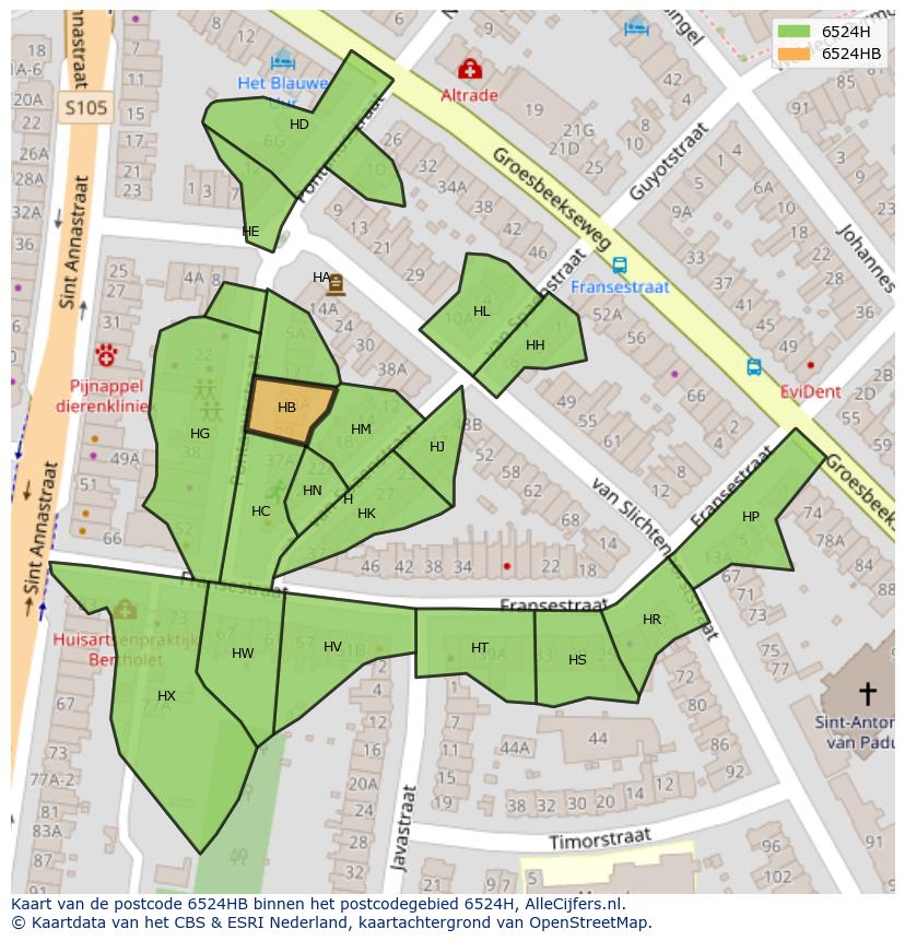Afbeelding van het postcodegebied 6524 HB op de kaart.