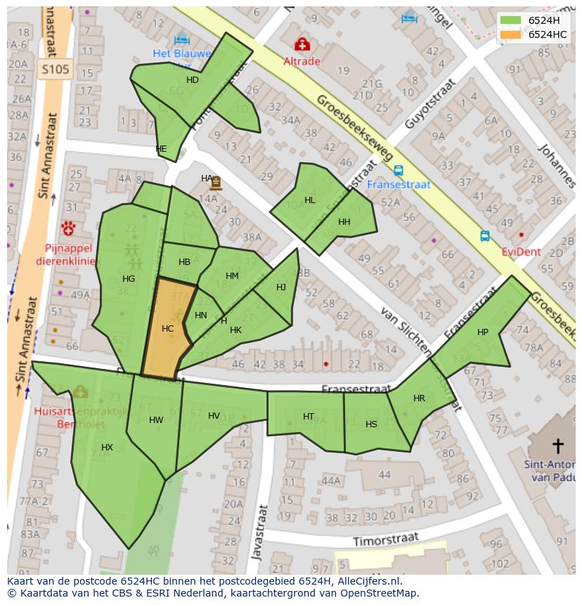 Afbeelding van het postcodegebied 6524 HC op de kaart.