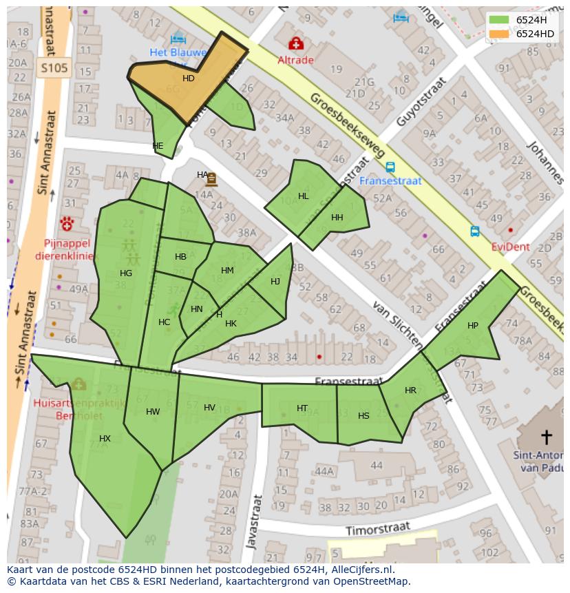Afbeelding van het postcodegebied 6524 HD op de kaart.