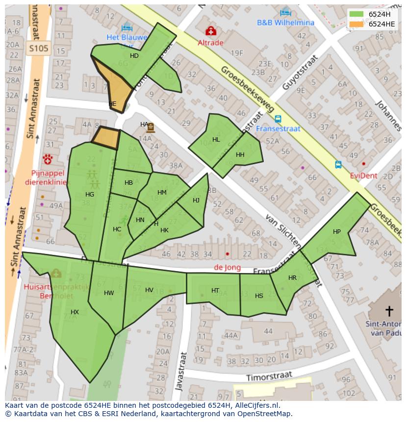 Afbeelding van het postcodegebied 6524 HE op de kaart.