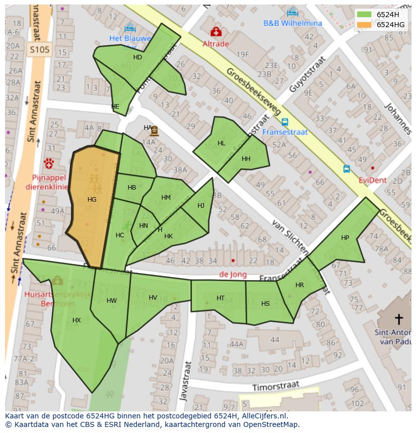 Afbeelding van het postcodegebied 6524 HG op de kaart.