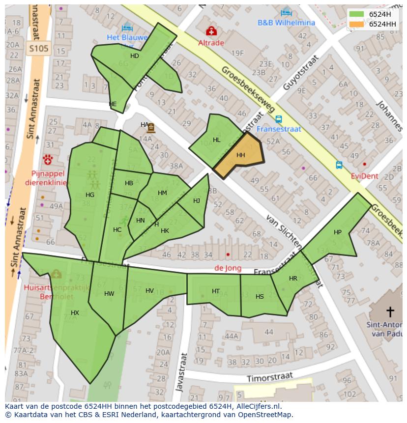 Afbeelding van het postcodegebied 6524 HH op de kaart.