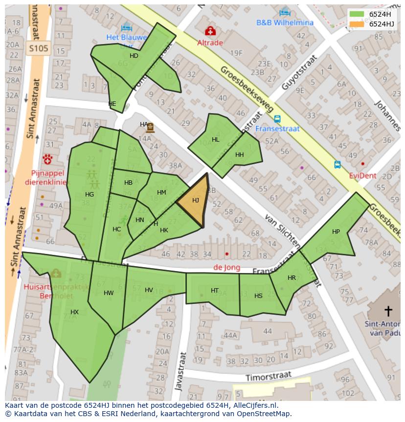 Afbeelding van het postcodegebied 6524 HJ op de kaart.