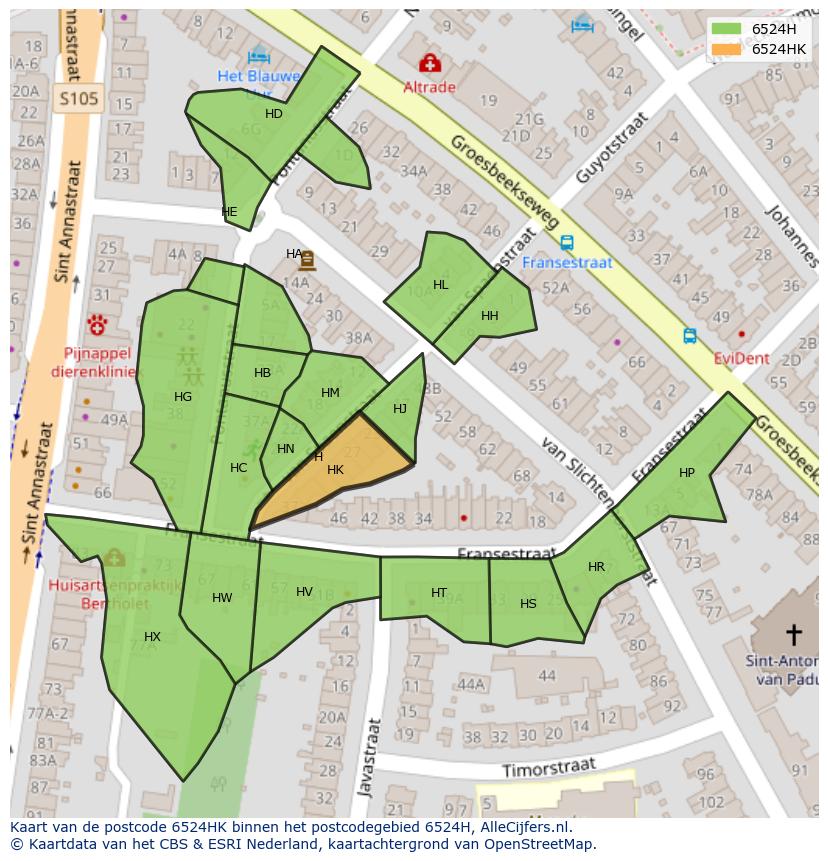 Afbeelding van het postcodegebied 6524 HK op de kaart.