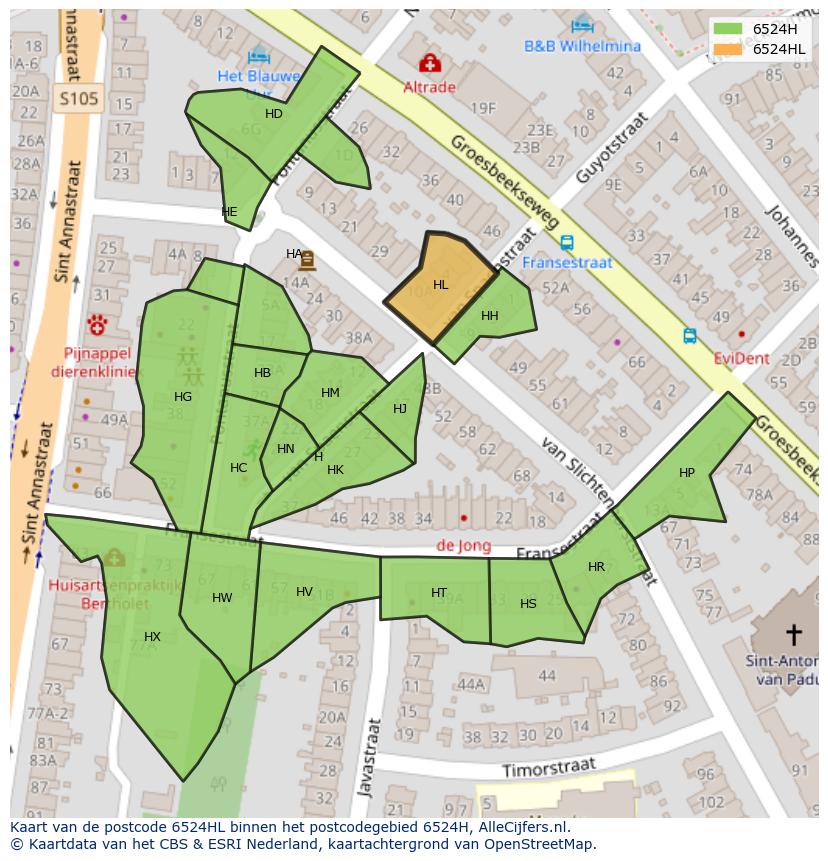 Afbeelding van het postcodegebied 6524 HL op de kaart.