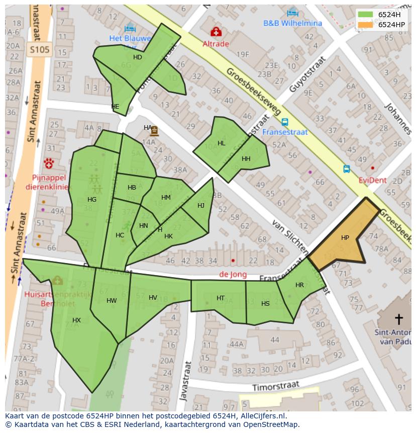 Afbeelding van het postcodegebied 6524 HP op de kaart.