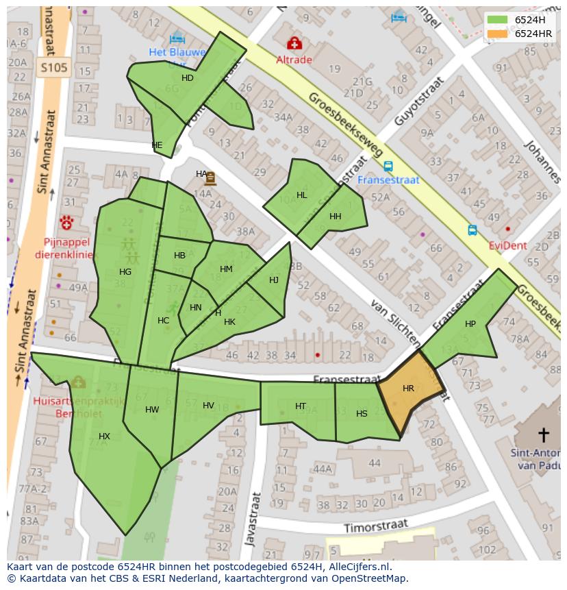 Afbeelding van het postcodegebied 6524 HR op de kaart.